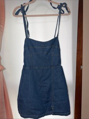 Denim Tie-Strap Mini Skort Dress in Dark Blue